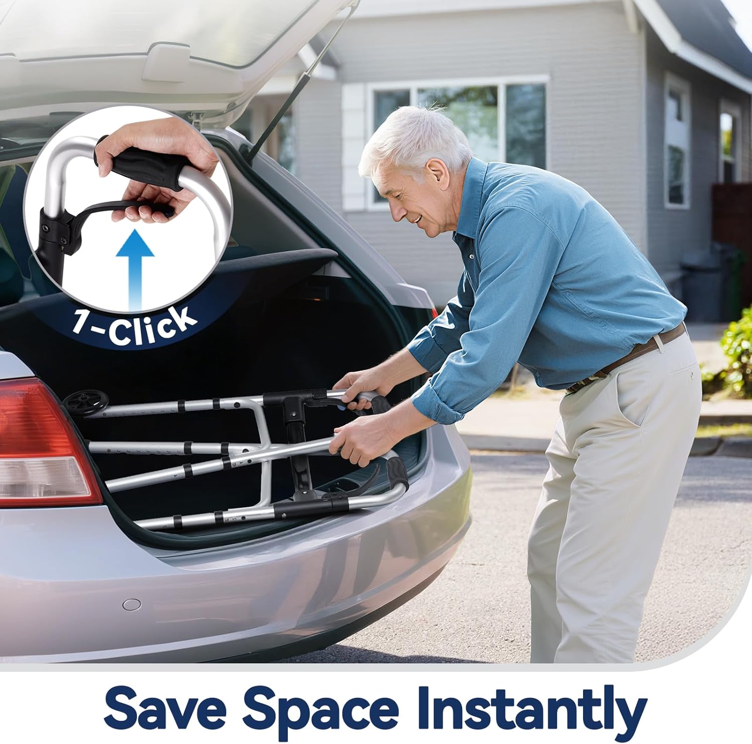 Folding Walkers for Seniors with 2 Skis and 5 Wheels, Lightweight Adult Rolling Walker, Supports Up to 350 Pounds, Adjustable Height, Aluminum Standard Walker, Silver